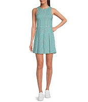 Addison Bay Racquet Striped Print Crew Neck Sleeveless Pleated Active Dress