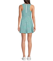 Addison Bay Racquet Striped Print Crew Neck Sleeveless Pleated Active Dress