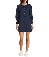 Addison Bay Sailor Solid Woven Long Puff Sleeve Button Front A-Line Dress