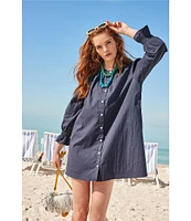 Addison Bay Sailor Solid Woven Long Puff Sleeve Button Front A-Line Dress