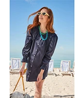 Addison Bay Sailor Solid Woven Long Puff Sleeve Button Front A-Line Dress