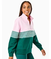 Addison Bay Stripe Color Block Varsity Quarter Zip Long Sleeve Pullover