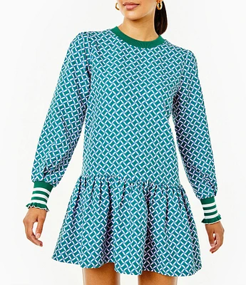 Addison Bay Vine Geo Trellis Print Crew Neck Long Sleeve Peplum Drop Waist Flounce Mini Dress