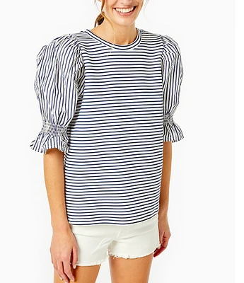 Addison Bay Wharf Striped Crew Neck Elbow Puff Sleeve Top