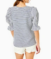 Addison Bay Wharf Striped Crew Neck Elbow Puff Sleeve Top