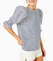 Addison Bay Wharf Striped Crew Neck Elbow Puff Sleeve Top