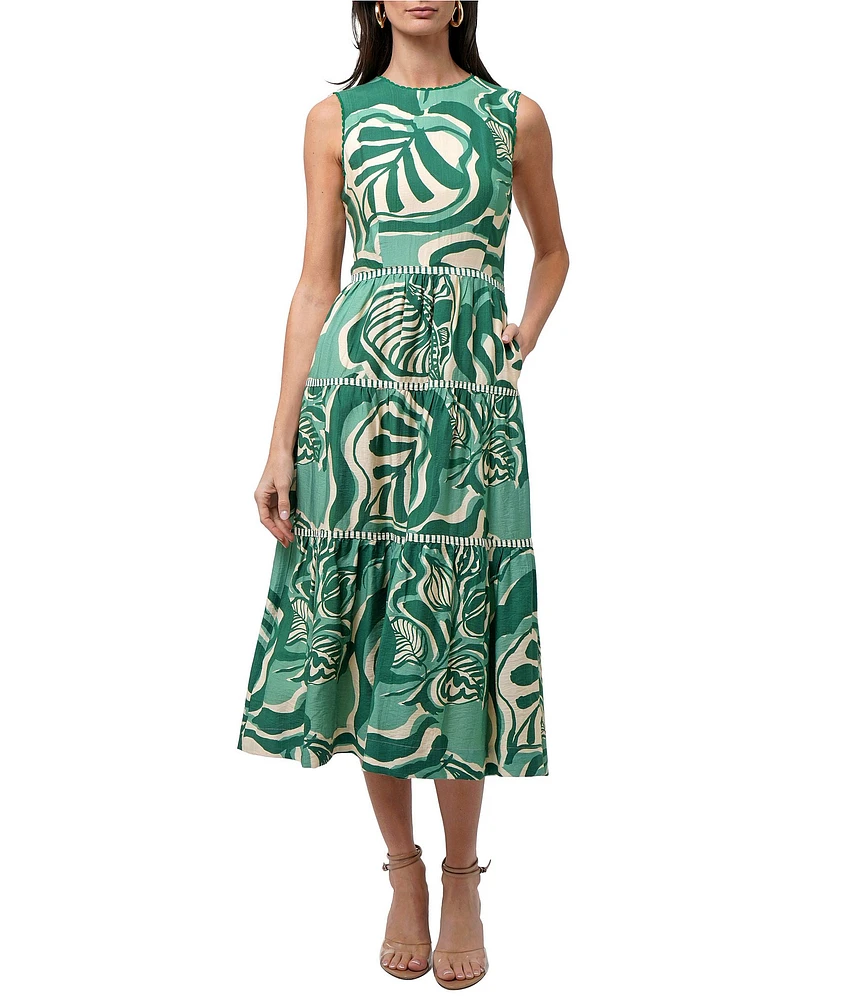 Adelyn Rae Alva Woven Tropical Leaf Print Crew Neck Sleeveless A-Line Midi Dress