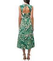 Adelyn Rae Alva Woven Tropical Leaf Print Crew Neck Sleeveless A-Line Midi Dress