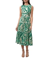 Adelyn Rae Alva Woven Tropical Leaf Print Crew Neck Sleeveless A-Line Midi Dress