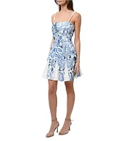 Adelyn Rae Bruan Embroidered Floral Print Square Neck Sleeveless Fit and Flare Mini Dress