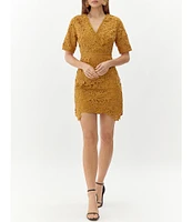 Adelyn Rae Crochet Lace Surplice V-Neck Short Sleeve Scallop Mini Dress