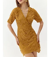 Adelyn Rae Crochet Lace Surplice V-Neck Short Sleeve Scallop Mini Dress