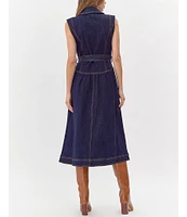 Adelyn Rae Denim Notch Lapel V-Neck Sleeveless Button Front Tie Waist Midi Dress