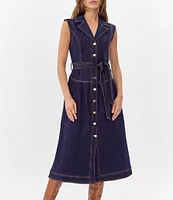 Adelyn Rae Denim Notch Lapel V-Neck Sleeveless Button Front Tie Waist Midi Dress