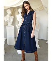 Adelyn Rae Denim Notch Lapel V-Neck Sleeveless Button Front Tie Waist Midi Dress