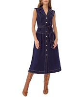 Adelyn Rae Denim Notch Lapel V-Neck Sleeveless Button Front Tie Waist Midi Dress