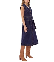 Adelyn Rae Denim Notch Lapel V-Neck Sleeveless Button Front Tie Waist Midi Dress