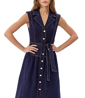 Adelyn Rae Denim Notch Lapel V-Neck Sleeveless Button Front Tie Waist Midi Dress