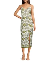 Adelyn Rae Denna Woven Tropical Palm Print V Neck Sleeveless Fringe Hem Slip Midi Dress