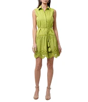 Adelyn Rae Dustina Woven Point Collar Neck Sleeveless Embroidered Hem Button Front Waist Tie Shirt Mini Dress