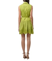 Adelyn Rae Dustina Woven Point Collar Neck Sleeveless Embroidered Hem Button Front Waist Tie Shirt Mini Dress