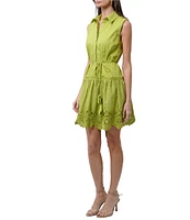 Adelyn Rae Dustina Woven Point Collar Neck Sleeveless Embroidered Hem Button Front Waist Tie Shirt Mini Dress