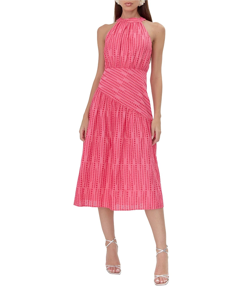 Adelyn Rae Embroidered Dotted Stripe Print Halter Neck Sleeveless A-Line Midi Dress