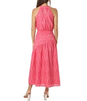 Adelyn Rae Embroidered Dotted Stripe Print Halter Neck Sleeveless A-Line Midi Dress