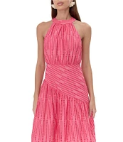 Adelyn Rae Embroidered Dotted Stripe Print Halter Neck Sleeveless A-Line Midi Dress