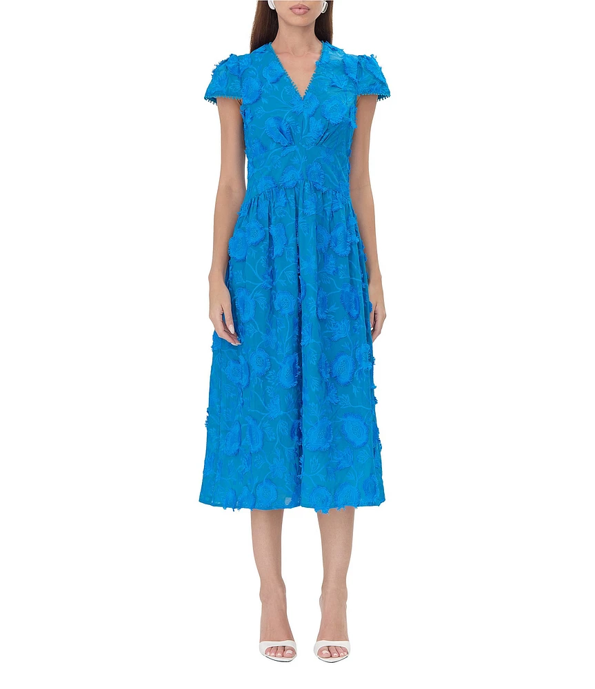 Adelyn Rae Embroidered V Neck Short Sleeve A-Line Midi Dress