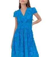 Adelyn Rae Embroidered V Neck Short Sleeve A-Line Midi Dress