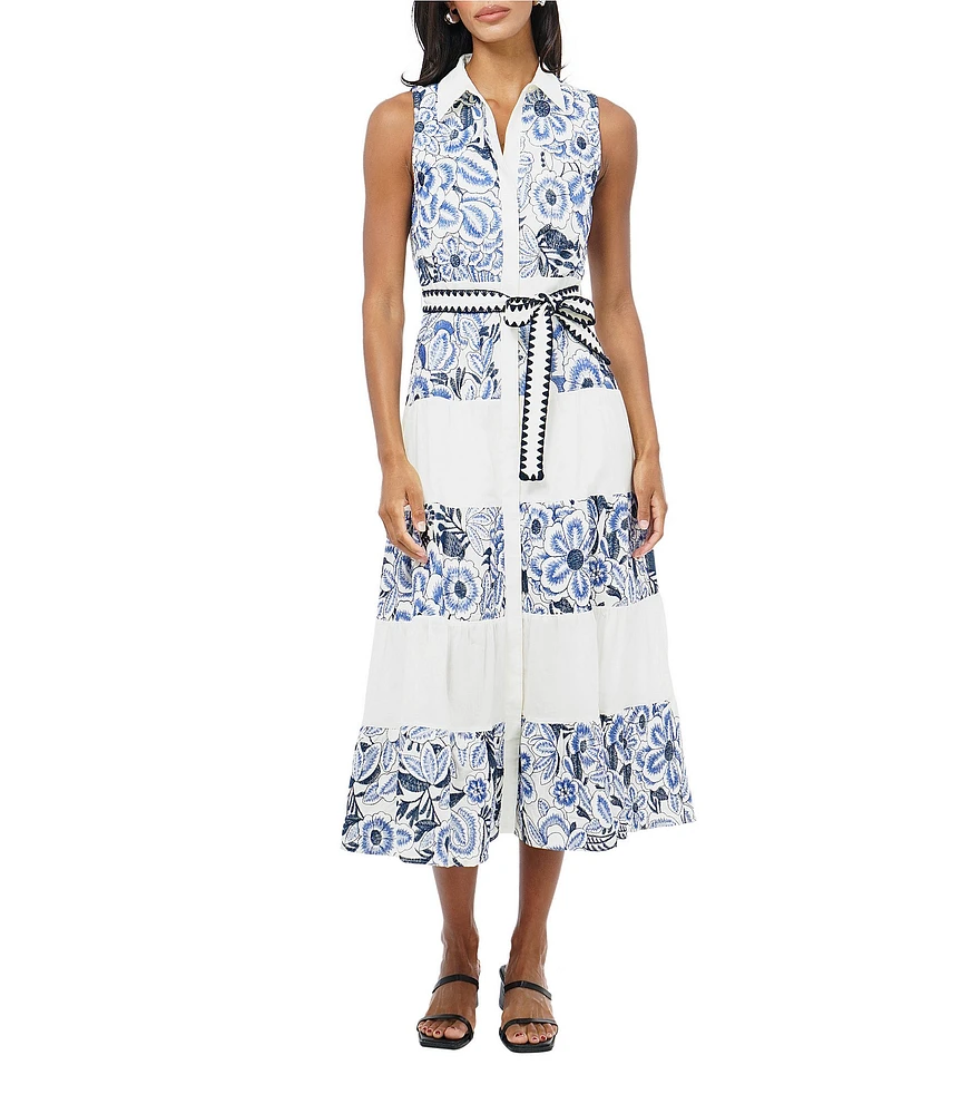 Adelyn Rae Ethena Embroidered Floral Print Point Collar Neck Sleeveless Belted Button Front A-Line Midi Dress