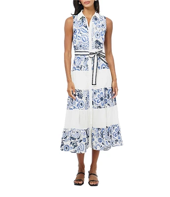 Adelyn Rae Ethena Embroidered Floral Print Point Collar Neck Sleeveless Belted Button Front A-Line Midi Dress