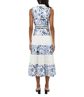 Adelyn Rae Ethena Embroidered Floral Print Point Collar Neck Sleeveless Belted Button Front A-Line Midi Dress