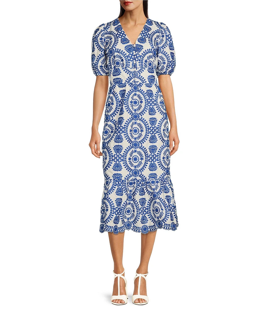 Adelyn Rae Eyelet Embroidered Puff Short Sleeve V-Neck Midi Dress