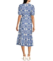 Adelyn Rae Eyelet Embroidered Puff Short Sleeve V-Neck Midi Dress