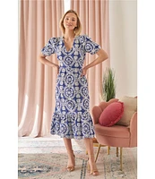 Adelyn Rae Eyelet Embroidered Puff Short Sleeve V-Neck Midi Dress