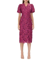 Adelyn Rae Floral Lace V-Neck Short Puff Sleeve Sheath Dress