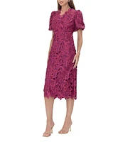 Adelyn Rae Floral Lace V-Neck Short Puff Sleeve Sheath Dress