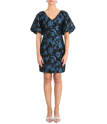 Adelyn Rae Floral Print Jacquard V-Neck Puff Sleeve Sheath Dress