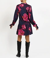 Adelyn Rae Floral Print Satin Split Round Neck Long Tie Cuff Flounce Hem Mini Dress