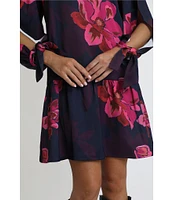 Adelyn Rae Floral Print Satin Split Round Neck Long Tie Cuff Flounce Hem Mini Dress