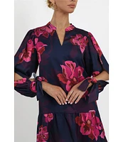 Adelyn Rae Floral Print Satin Split Round Neck Long Tie Cuff Flounce Hem Mini Dress