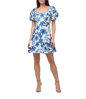 Adelyn Rae Halton Woven Floral Print Square Neck Short Puff Sleeve Sheath Mini Dress