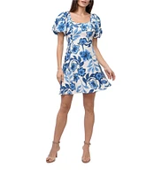 Adelyn Rae Halton Woven Floral Print Square Neck Short Puff Sleeve Sheath Mini Dress