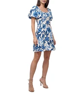 Adelyn Rae Halton Woven Floral Print Square Neck Short Puff Sleeve Sheath Mini Dress