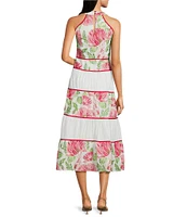 Adelyn Rae Haven Embroidered Floral Print Halter Neck Sleeveless Contrast Trim Midi Dress