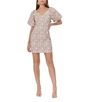 Adelyn Rae Jacquard Floral Print V Neck Short Sleeve Sheath Mini Dress