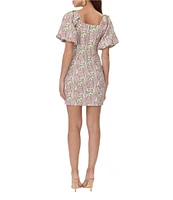 Adelyn Rae Jacquard Floral Print V Neck Short Sleeve Sheath Mini Dress