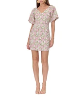 Adelyn Rae Jacquard Floral Print V Neck Short Sleeve Sheath Mini Dress